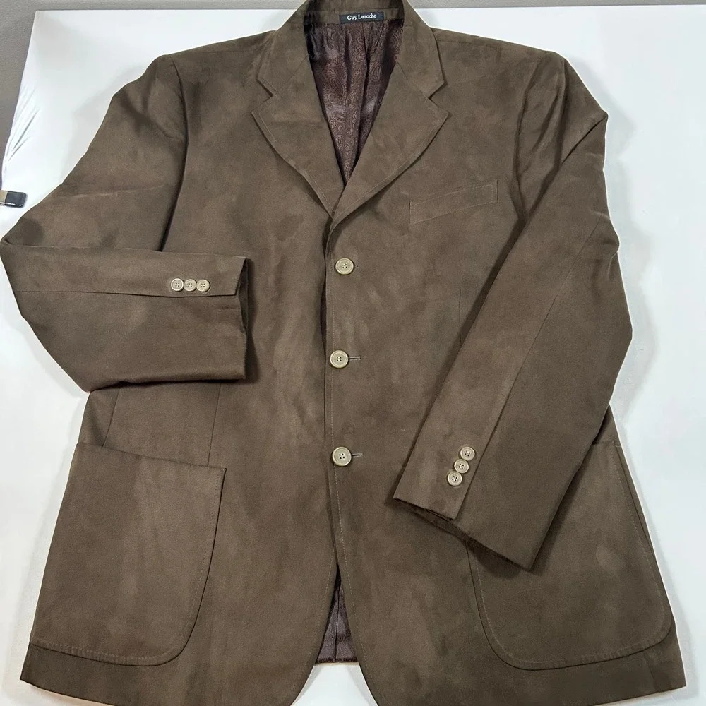 Guy Laroche Jacket Mens 44R Brown Faux Suede 3-Button Paisley Lined Sport Coat